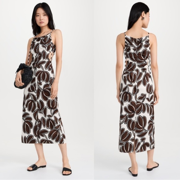 LA LIGNE Poplin Cotton Floral Square Neck Midi Dress with Circle Cutouts Size 6 - Picture 1 of 11